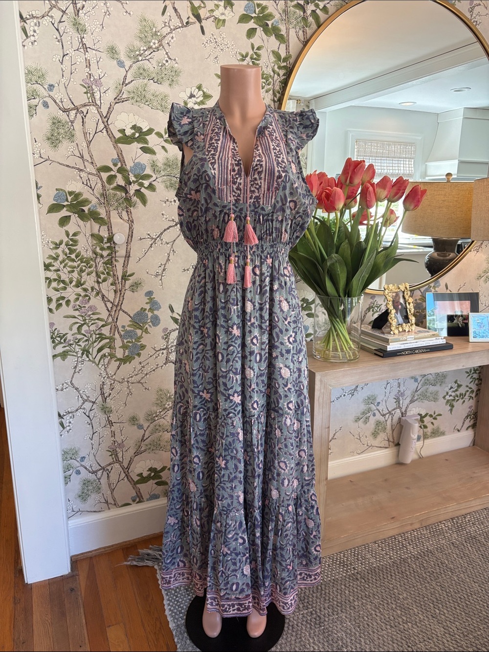 Floral Boho Maxi Dress with Pink Tassel Accents